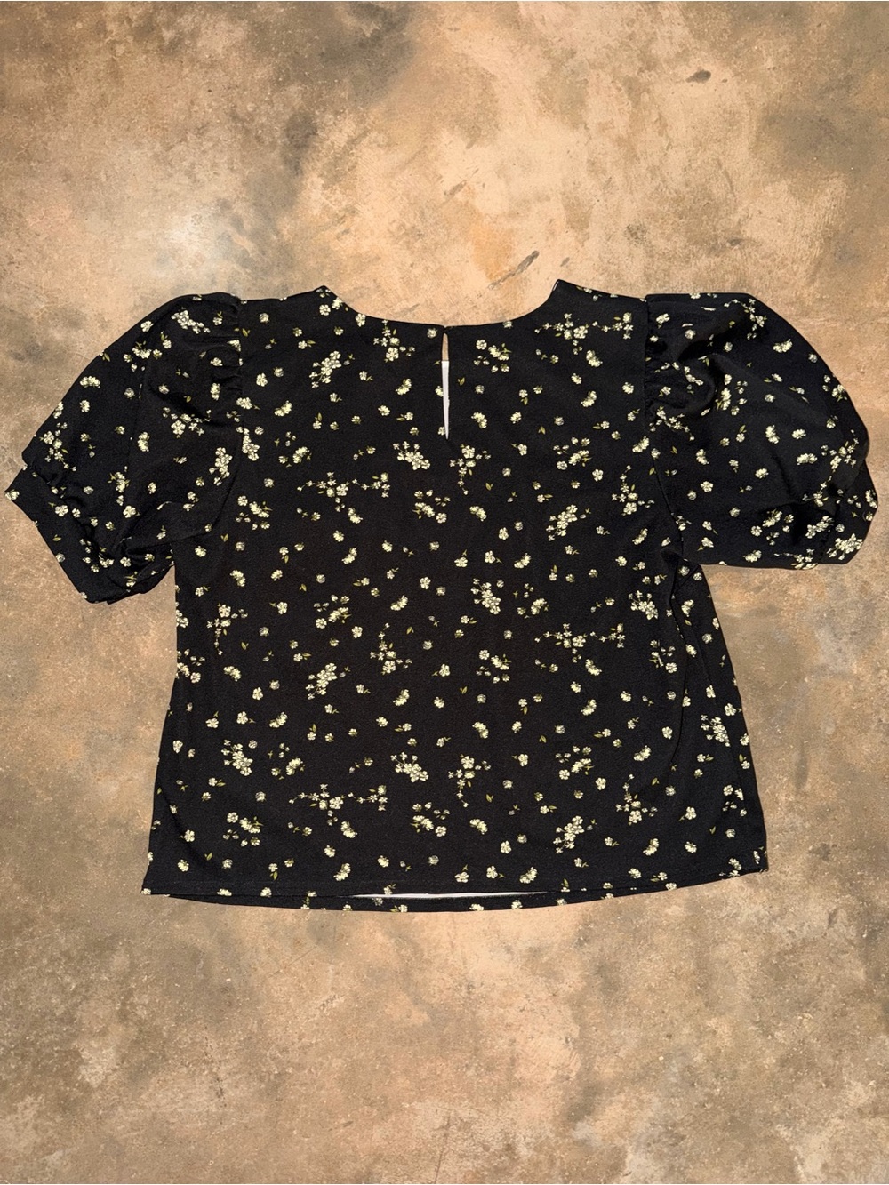 MelloDay Black Floral Puff Sleeve Blouse XL Cottagecore Peasant Top - Picture 2 of 9